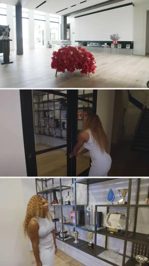 The open floor plan art gallery, looking straight out of a museum, and serena leading us into the trophy room to show off her trophies