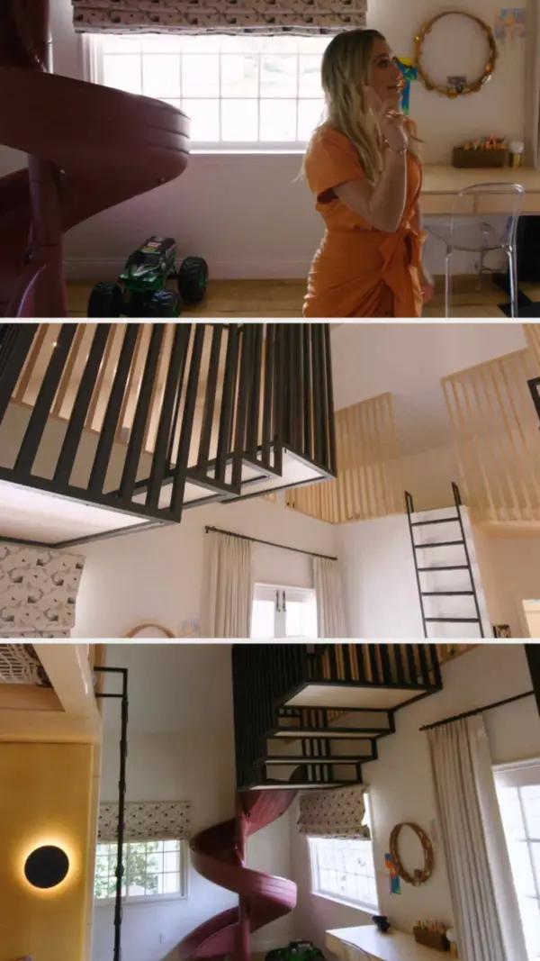 The bedroom, with a built in slide, play net, and ladder to a bunch of different loft spaces