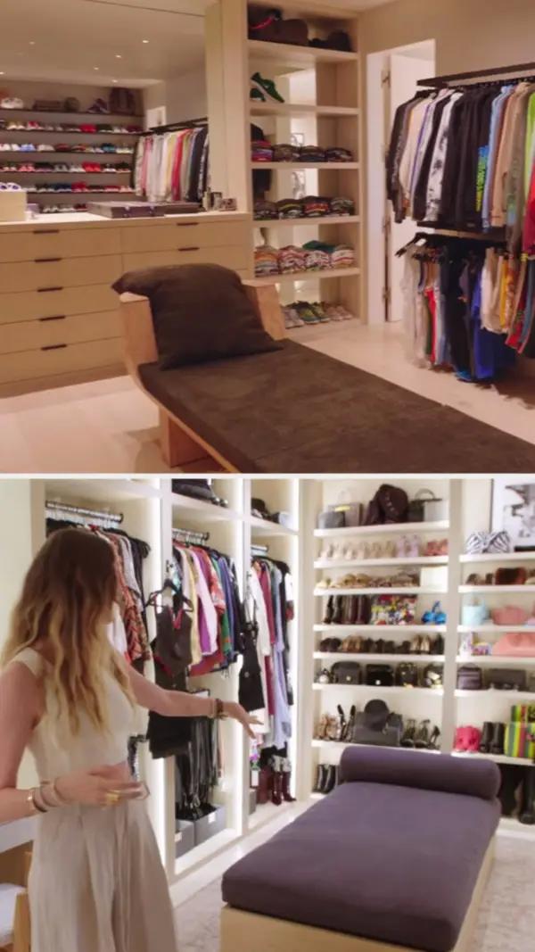 Adam and Behati's walk-in closets, complete with center islands for accessories, chaise beds, and racks upon racks of shoes and clothings